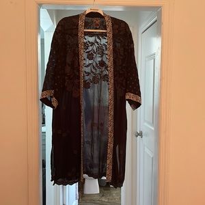 Beach Coverup Shawl Black Embroidery white flowers